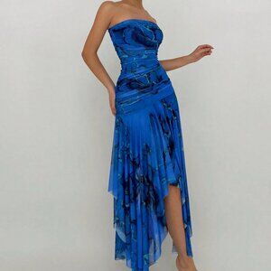 SHEIN Blue Abstract Asymmetric Hem Mesh Tube Fairy Dress